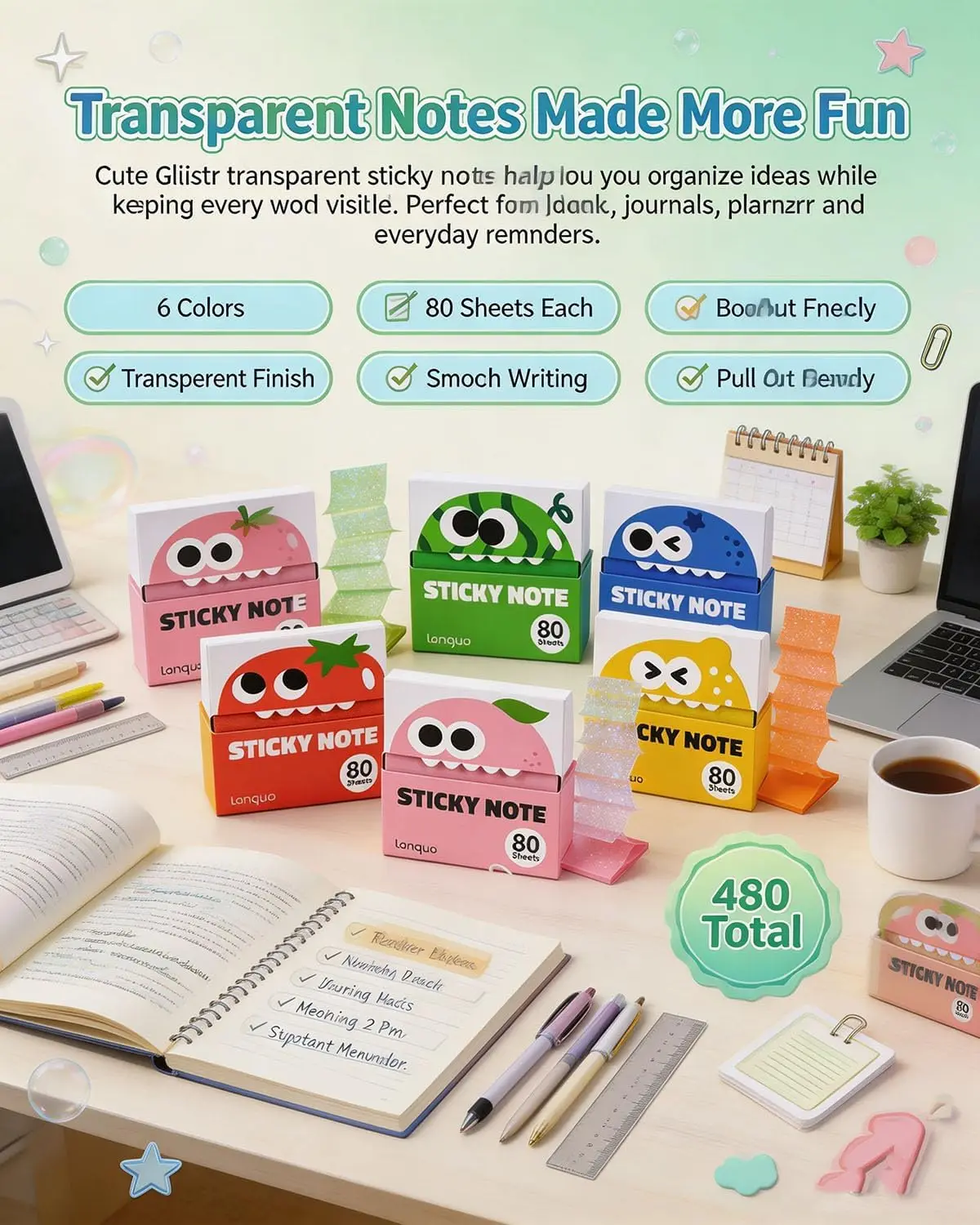 Cartoon Fruit Memo Pad Paper Dopamine Self-Adhesive Sticky Notes Pearlescent Transparent Pull Out Design