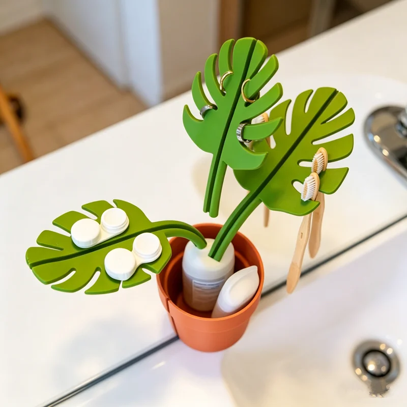 Picture 3: 1 Set Simulated Plant Mirror Adhesive Leaf Storage Rack Toothbrush Holder Bathroom Organizer