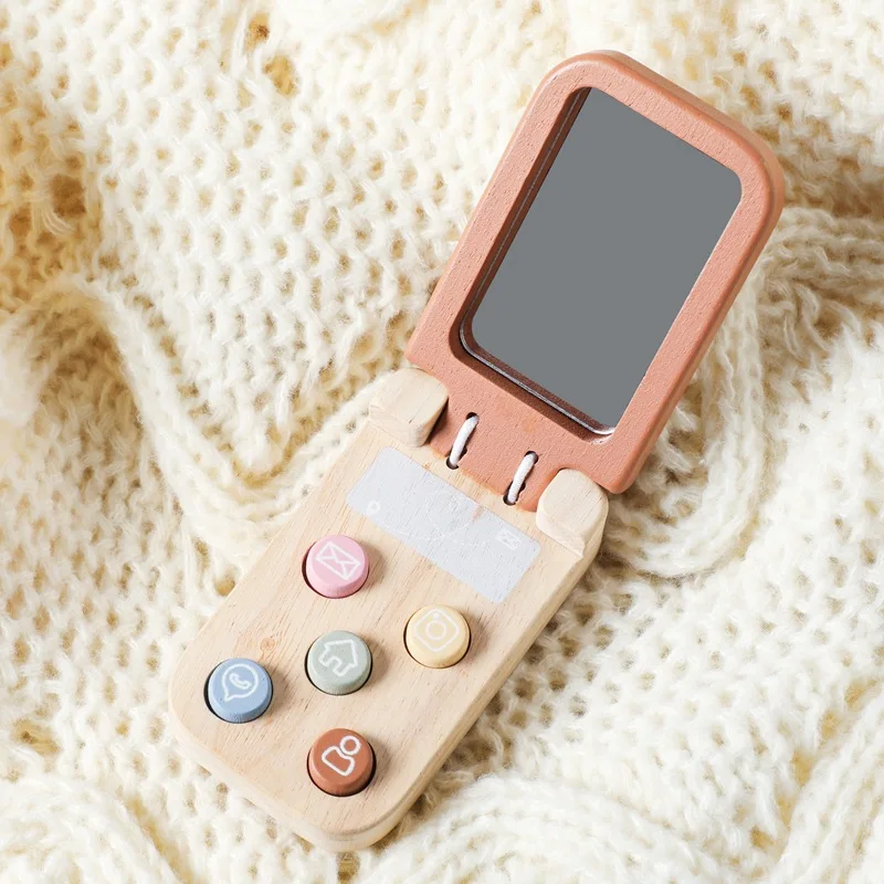 木製クマのフリップボタン携帯電話のおもちゃ - 赤ちゃんの認知発達と楽しい教育玩具、幼児に安全なインタラクティブな電話モデル