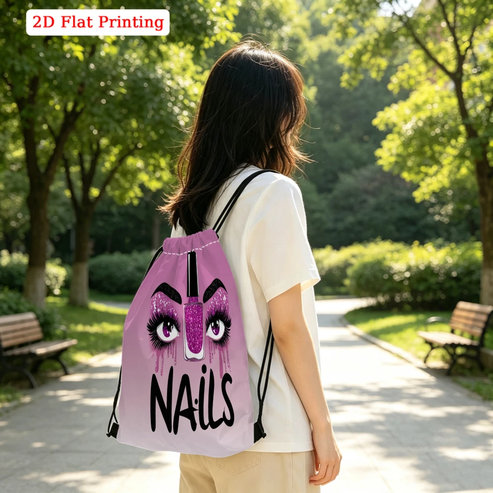 Fashionable, Drawstring Backpack, 2D Flat Printing Purple Face Nails Design, Fitness Sports Bag, Outdoor Travel Cinch Sack