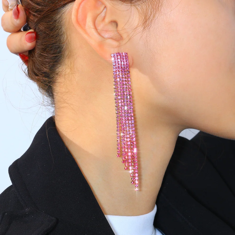 Elegant Long Tassel Fuchsia Crystal Earrings Ladies Exaggerated Earrings Rhinestone Korean Jewelry