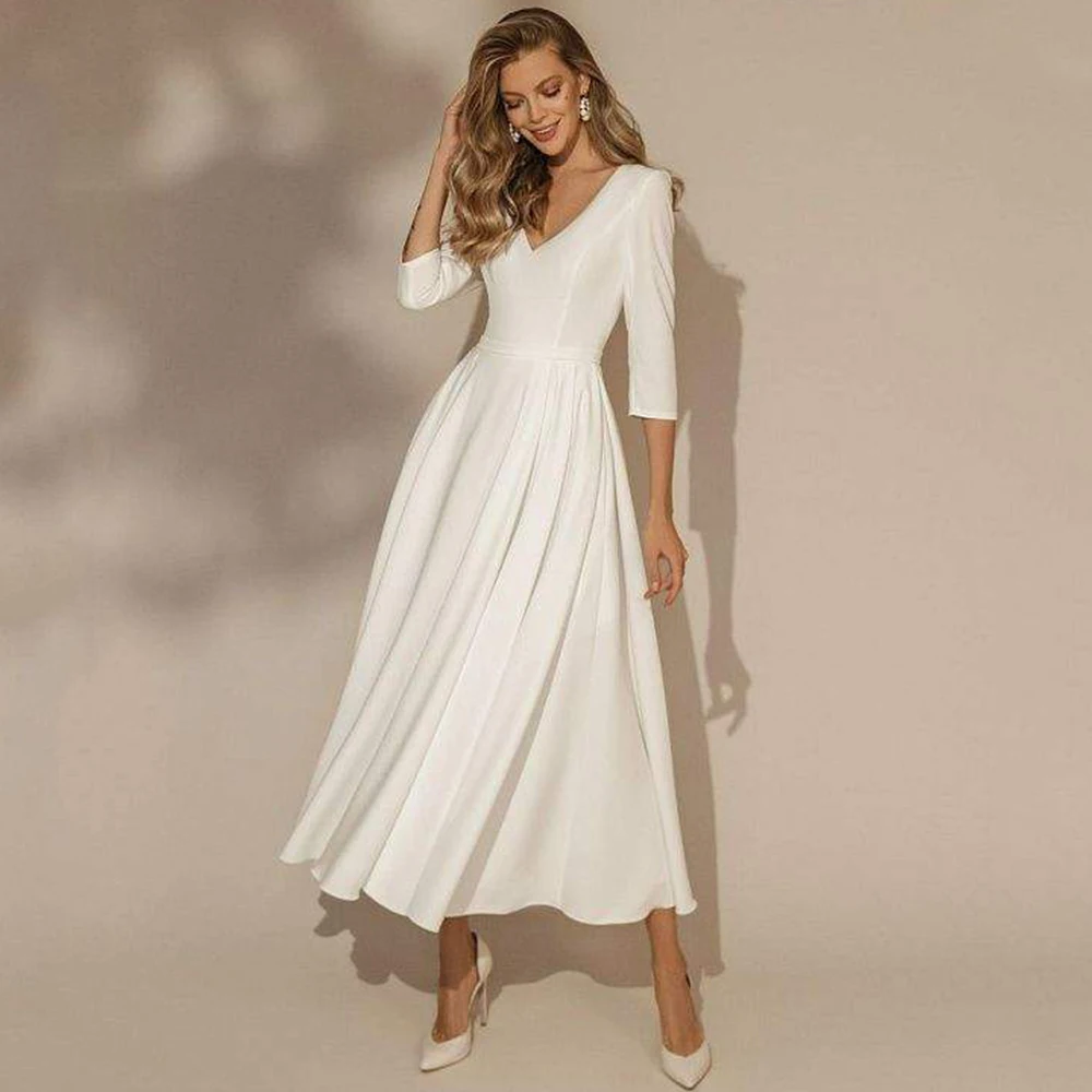 Robe de Mariée Simple à Col en V Trois Quarts, avec Ceinture, Ligne A, Mi-mollet, sur Mesure, Fermeture Éclair, pour les Patients