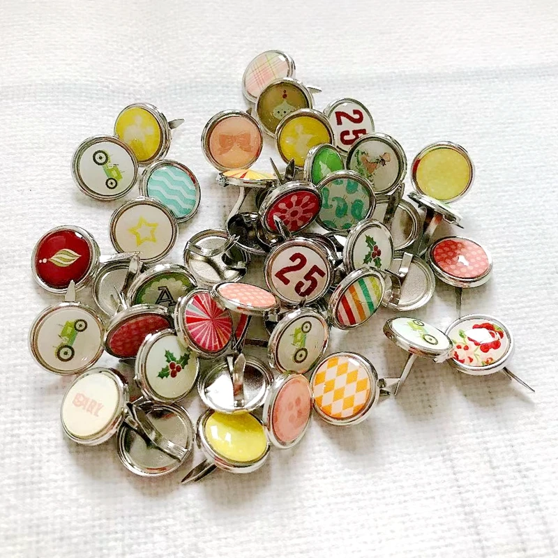 50Pcs 15MM Mix Pattern Epoxy Brads Scrapbooking Material Metal Round Stud Embellishment DIY Crafts Journal Album Decoration Pin