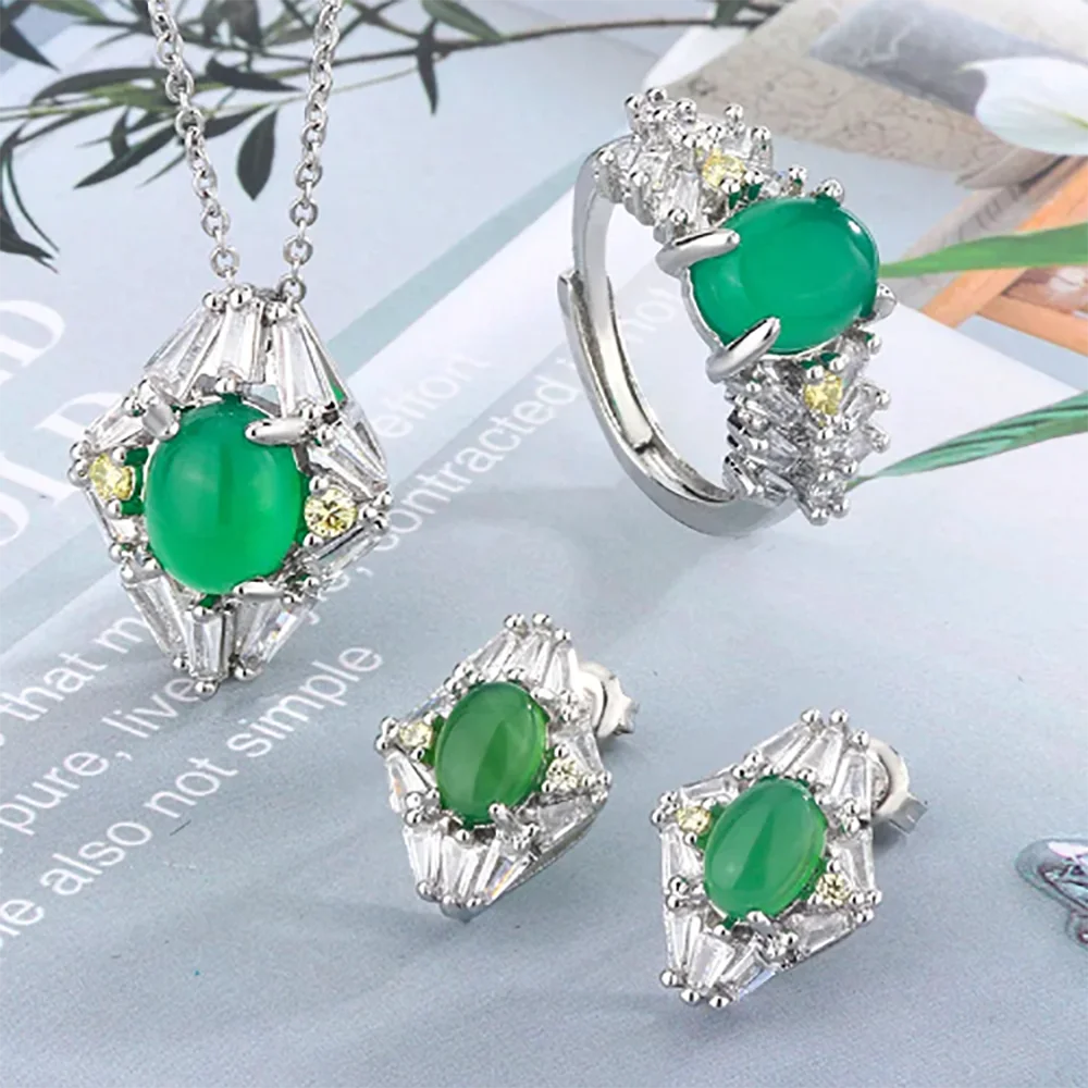 925 Silver Jewelry 3pcs Set Inlaid With Egg Face Emerald Chalcone Earrings Necklace Ring Emerald Agate Set