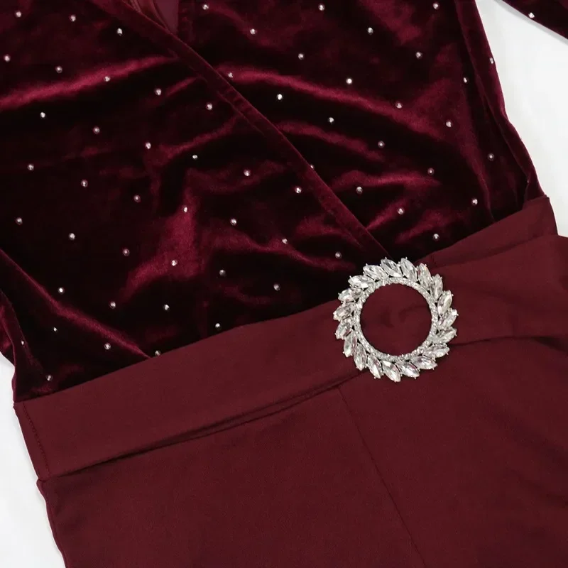 GUWU Tute da donna alla moda con scollo a V profondo increspato a gamba larga Tute da festa a maniche lunghe in velluto da strada