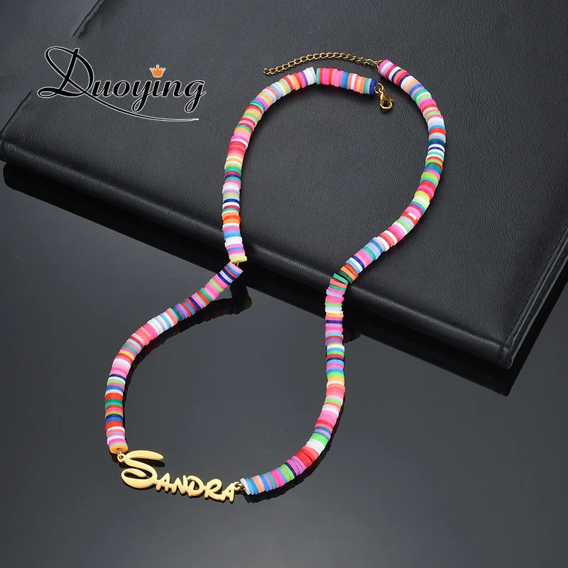 Duoying Personalized Soft Pottery Beaded Name Necklace, Nameplate Bracelet Stainlee steel Custom Necklace Bracelet Jewerly Set