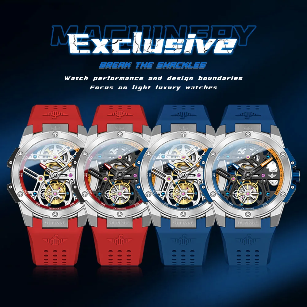 ساعات رجالية من OUPINKE من أفضل العلامات التجارية مجوفة بالكامل بحركة ميكانيكية توربيون ساعة أوتوماتيكية أصلية للرجال مقاومة للماء