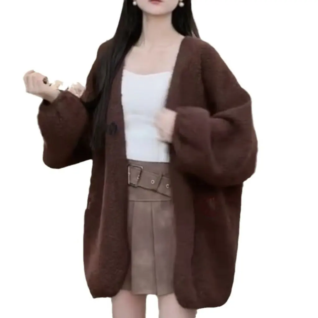 

Женский мягкий восковой ленивый элегантный свитер в корейском стиле, пальто, свободный милый вязаный кардиган средней длины на осень-зиму