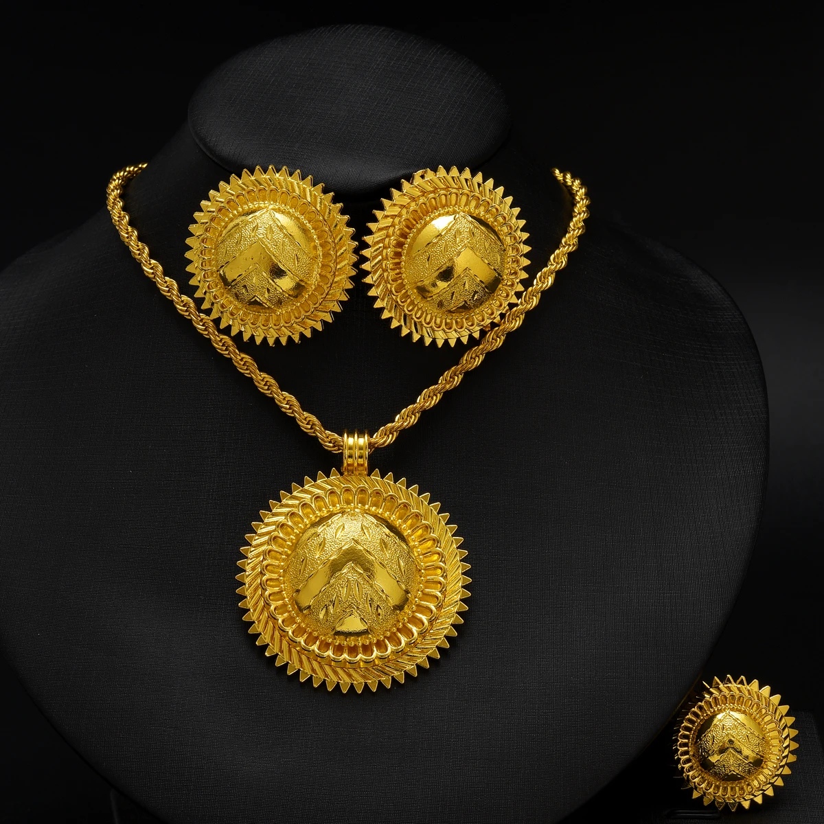 Eritrean Ethnic Style Jewelry Set Gold Color Necklace Pendant Ring Earring  Ethiopian Bride Traditional Wedding Jewelry Gift