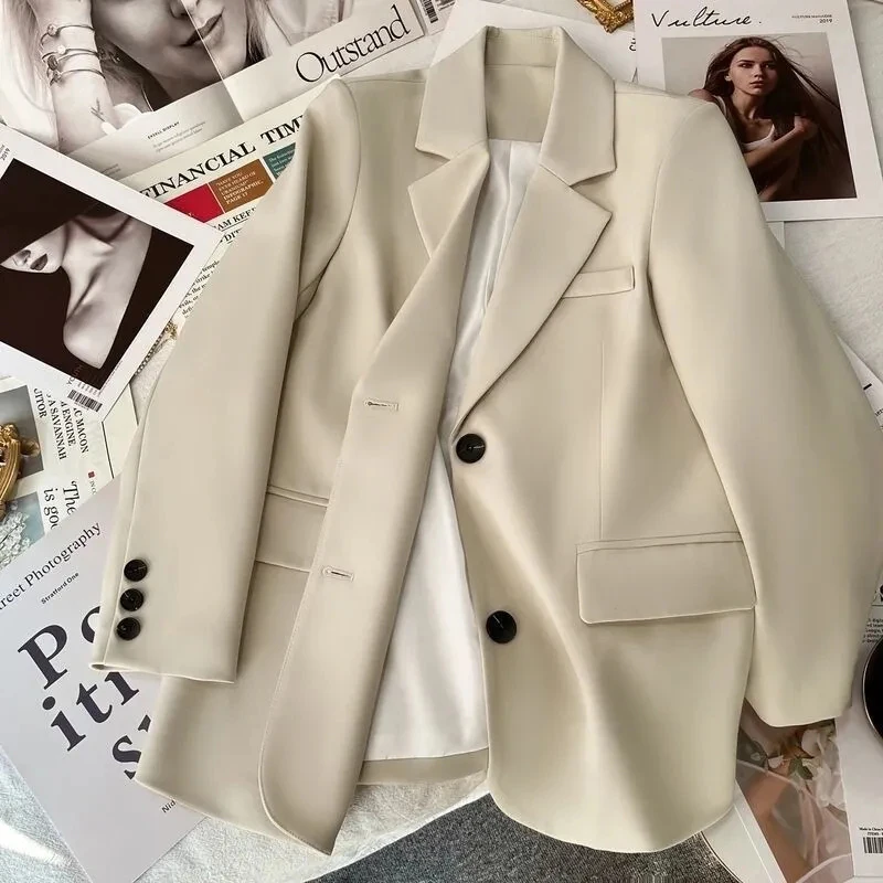 Fashion Back Split Beige Suit Jacket Women Autumn Korean Pocket Long Sleeve Blazers Coats Harajuku Office Lady Button Up Blazer