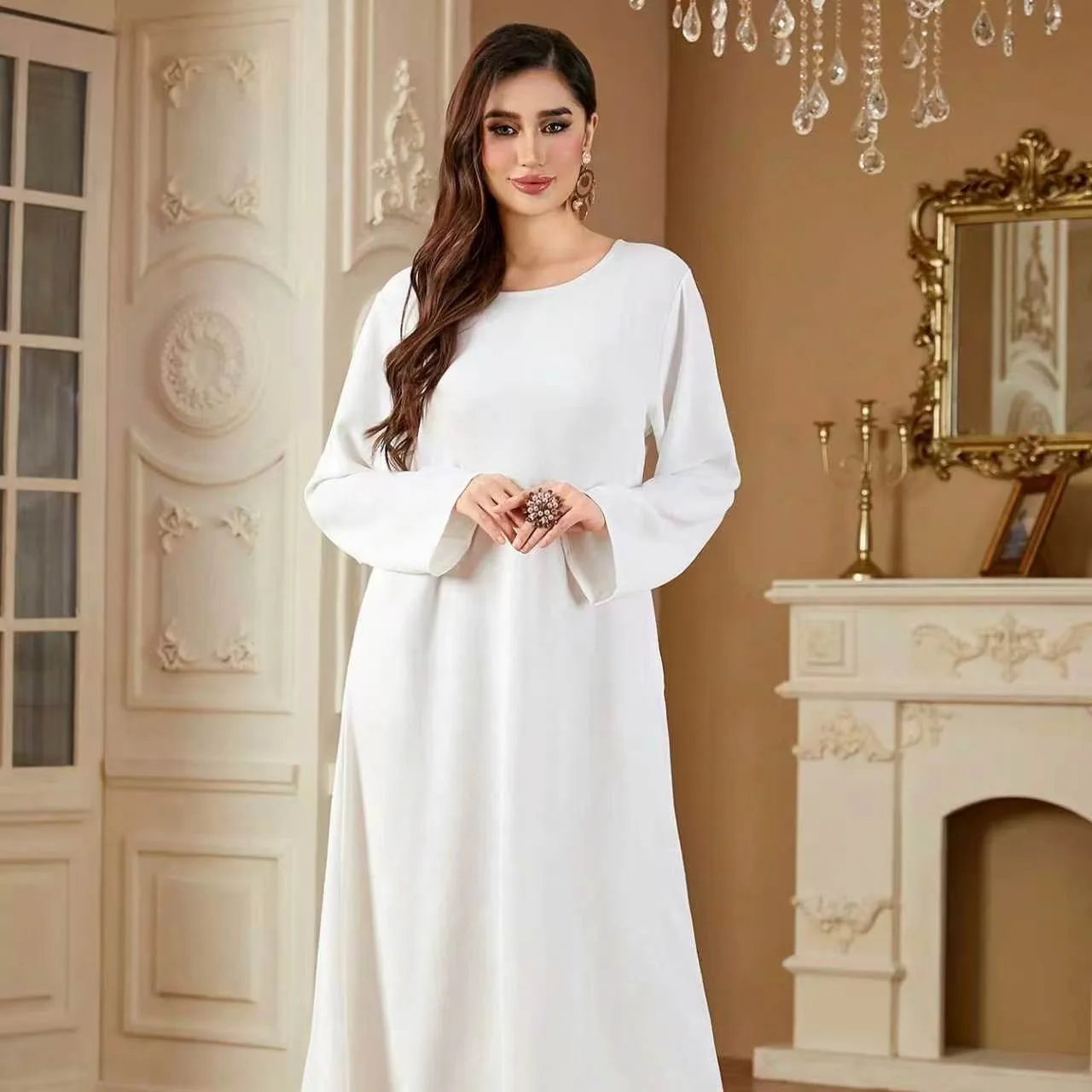 Simple Basic White Solid Color Casual Trendy Loose O-neck Long Sleeve Abaya Dresses Middle East Arabian Turkey Fashion Clothes