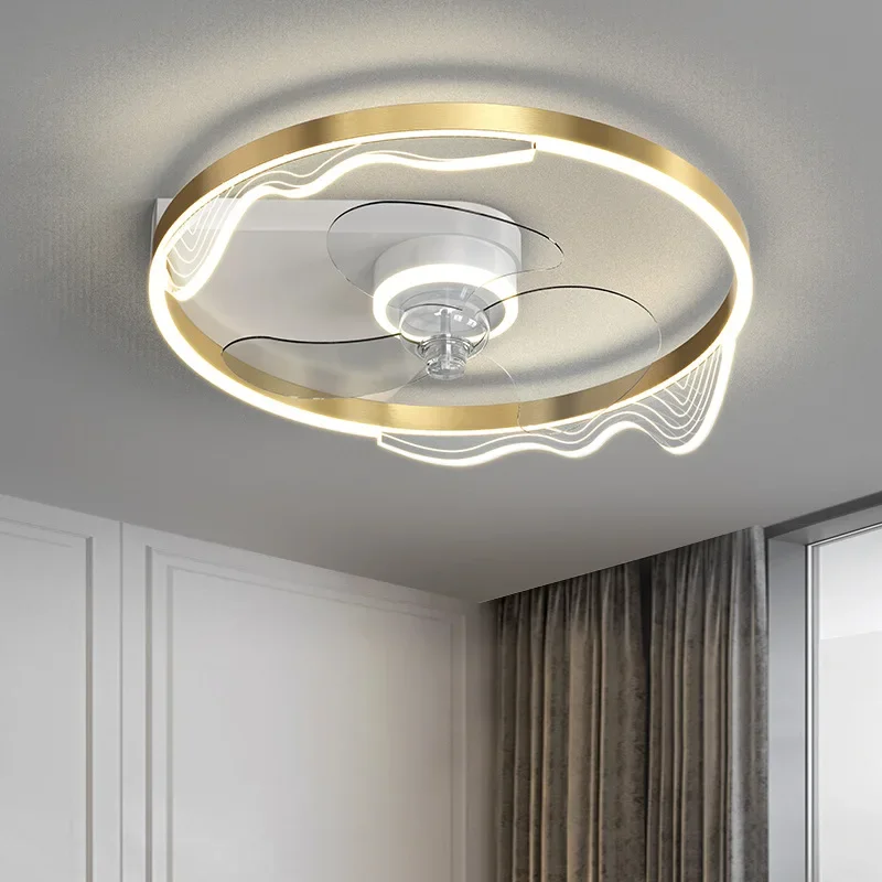 

Modern Minimalist Gold Plating Brushed Round Ceiling Fan Lamp LED Three-tone Light Bedroom Acrylic Control FixtureDecor Lustre