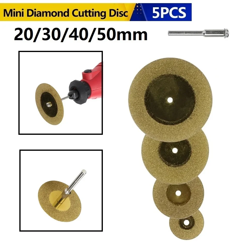 5 peças 20/30/40/50mm disco de corte de diamante para ferramentas rotativas lâmina de serra circular revestida de estanho para corte de pedra preciosa vidro cerâmica