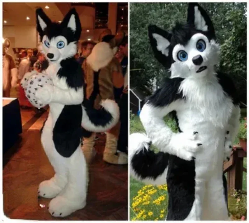 Weihnachten Schwarz Weiß Langes Fell Fuchs Hund Husky Maskottchen Kostüm Pelzanzug Fursuit Halloween Weihnachten Geburtstag Party Geschenk