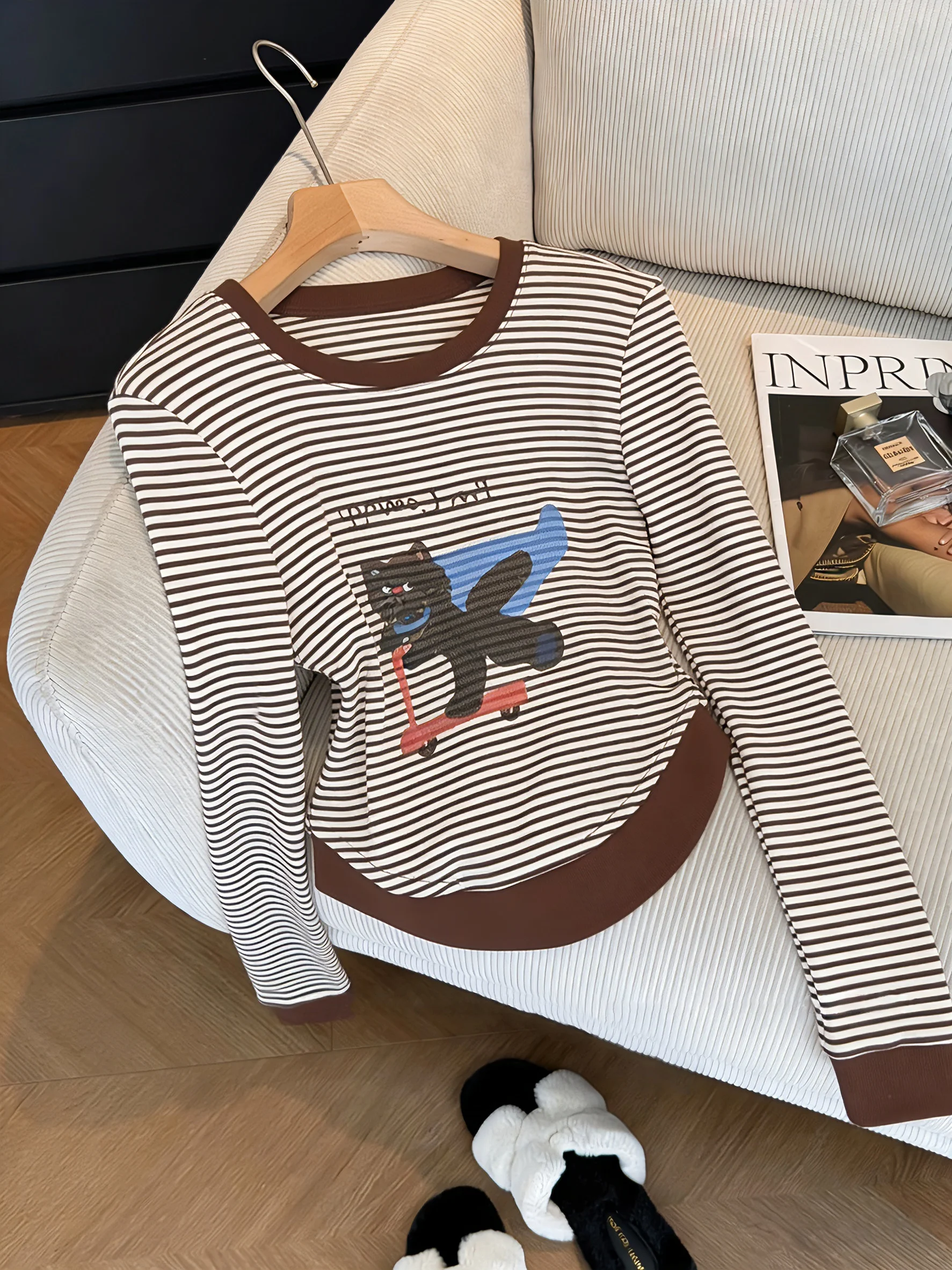 

Корейский дизайн, длинная футболка-свитшот женская, весна-осень, повседневная, свободная, стройнящая, с мультяшным принтом, в полоску, свободного кроя, с воротником-стойкой...