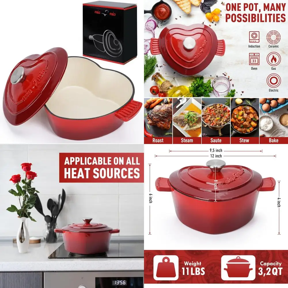 

Эмалированная чугунная голландская духовка — 3,2 литра, 10-дюймовая кастрюля с антипригарным покрытием в форме сердца для рождественского подарка, подходит для всех горящих потреб