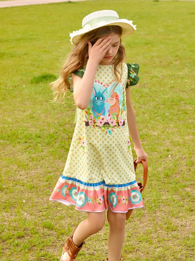 Summer Girl Dress Cartoon Printed Cap Sleeve Princesses Dress With Ruffled Hem