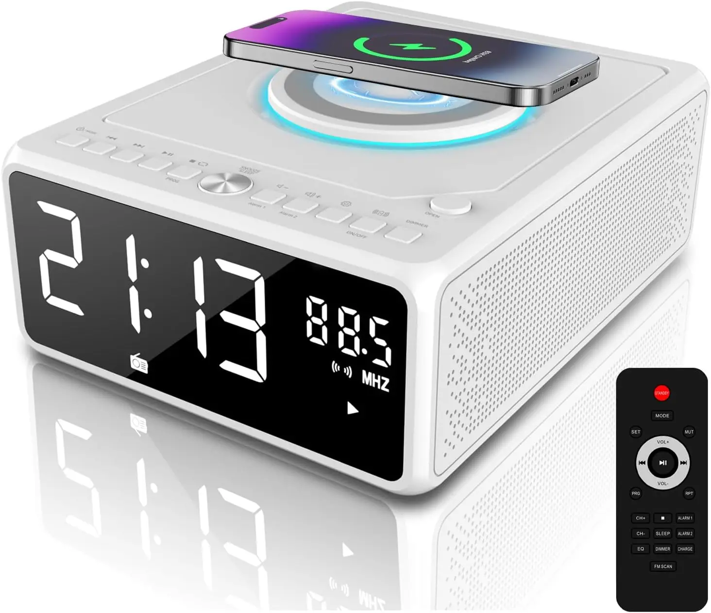 

Elegant CD Player with Wireless Charging, Bluetooth, FM Radio, Alarm Clock and Remote Control for Home Use