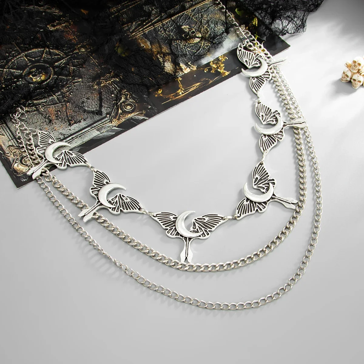 PuRui الموضة الإبداعية فضي اللون فراشة القمر أحزمة وسط معدنية سلسلة المرأة القوطية قابل للتعديل الجسم سلسلة مجوهرات الهالوين