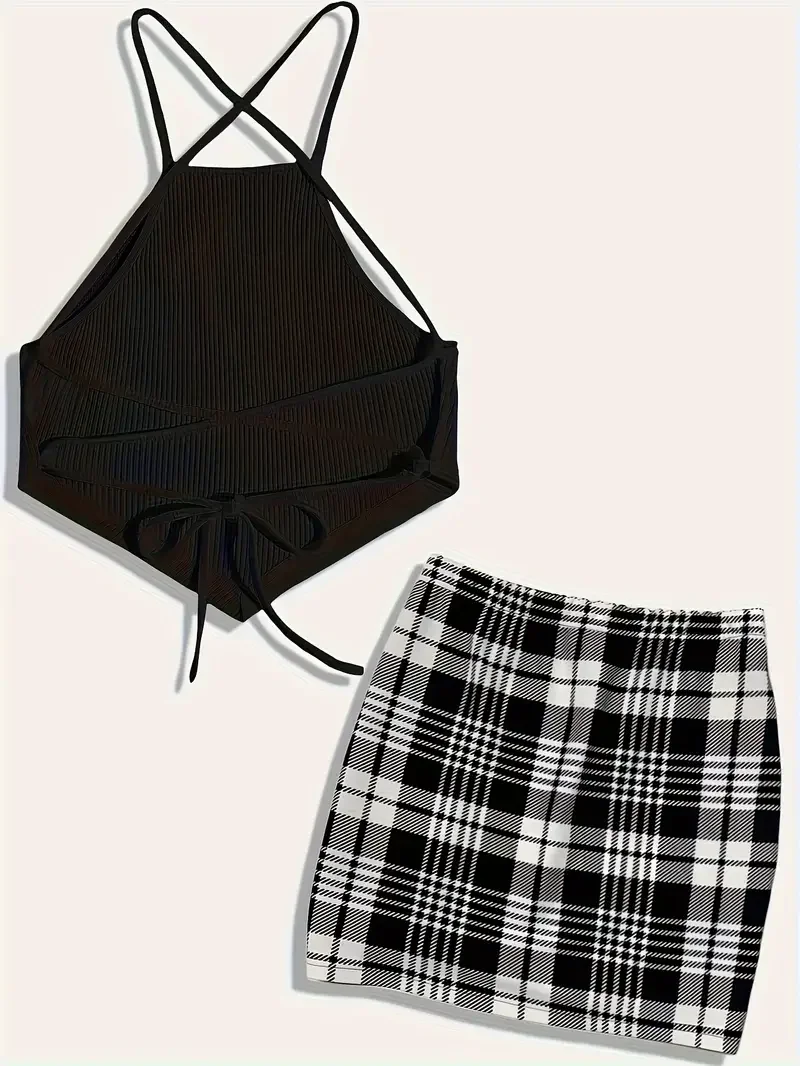 Elegant Two-piece Set Crisscross Back Bandana Hem Cami Top & Plaid Mini Skirt Outfits Women\'s Clothing