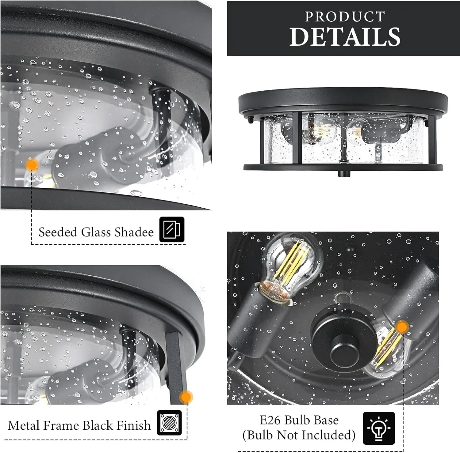 Black Ceiling Light Fixtures Flush Mount Light, 2 Bulb With Glass Flush Mount Ceiling Light Fixture Bedroom, Indoor Outdoor