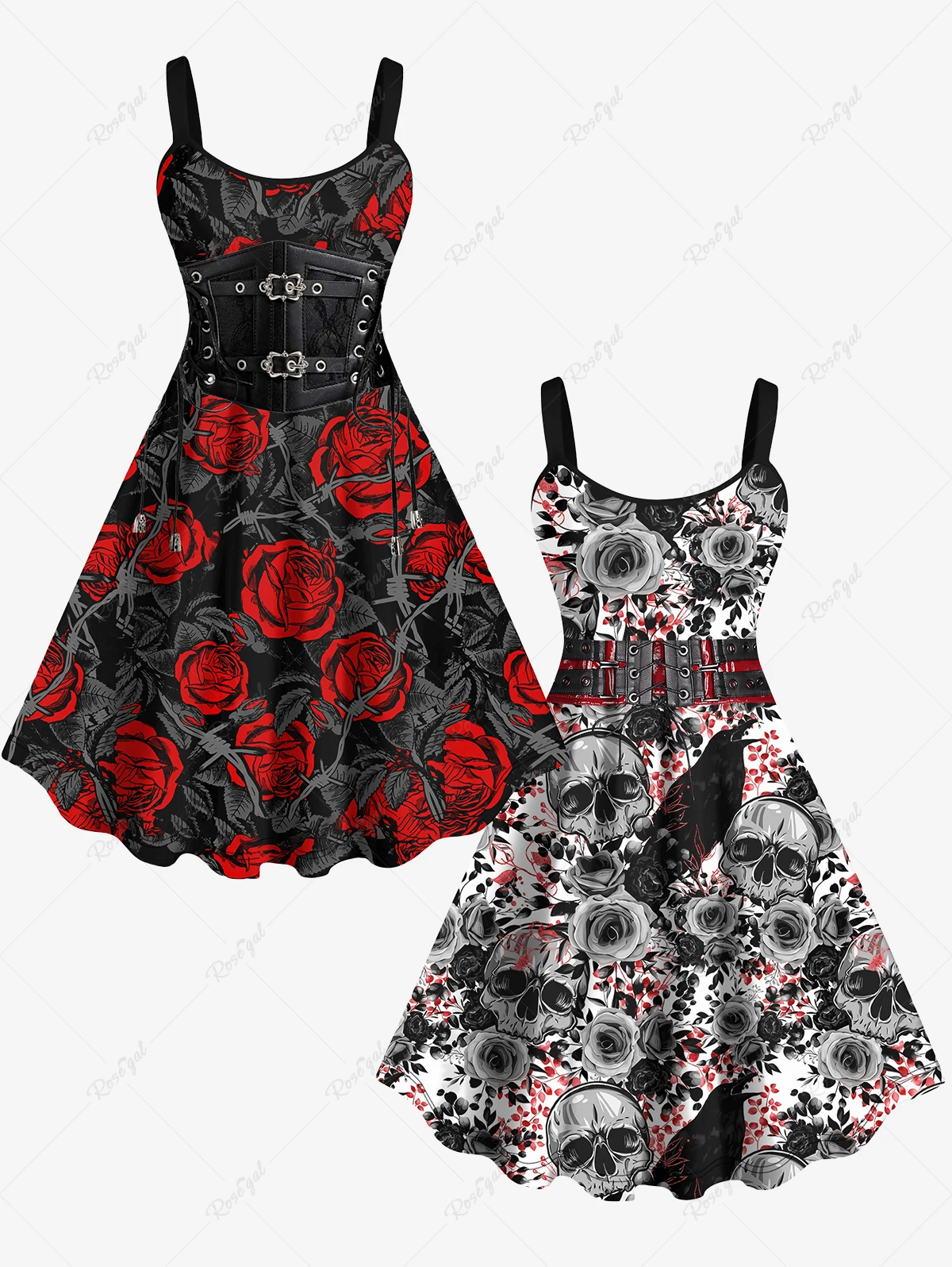 Rosegal Plus Size Kostium damski Hawaje Róża Czaszka Ptak Grommets Lace Up 3D Print Wiosna Lato Codzienny Casual Cami Tank Dress