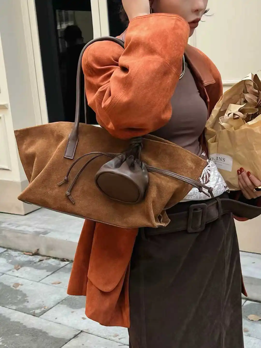 

Винтажная вместительная сумка-тоут из замши, дизайнерская сумка-трапеция через плечо для женщин, роскошная сумка и кошелек из натуральной кожи