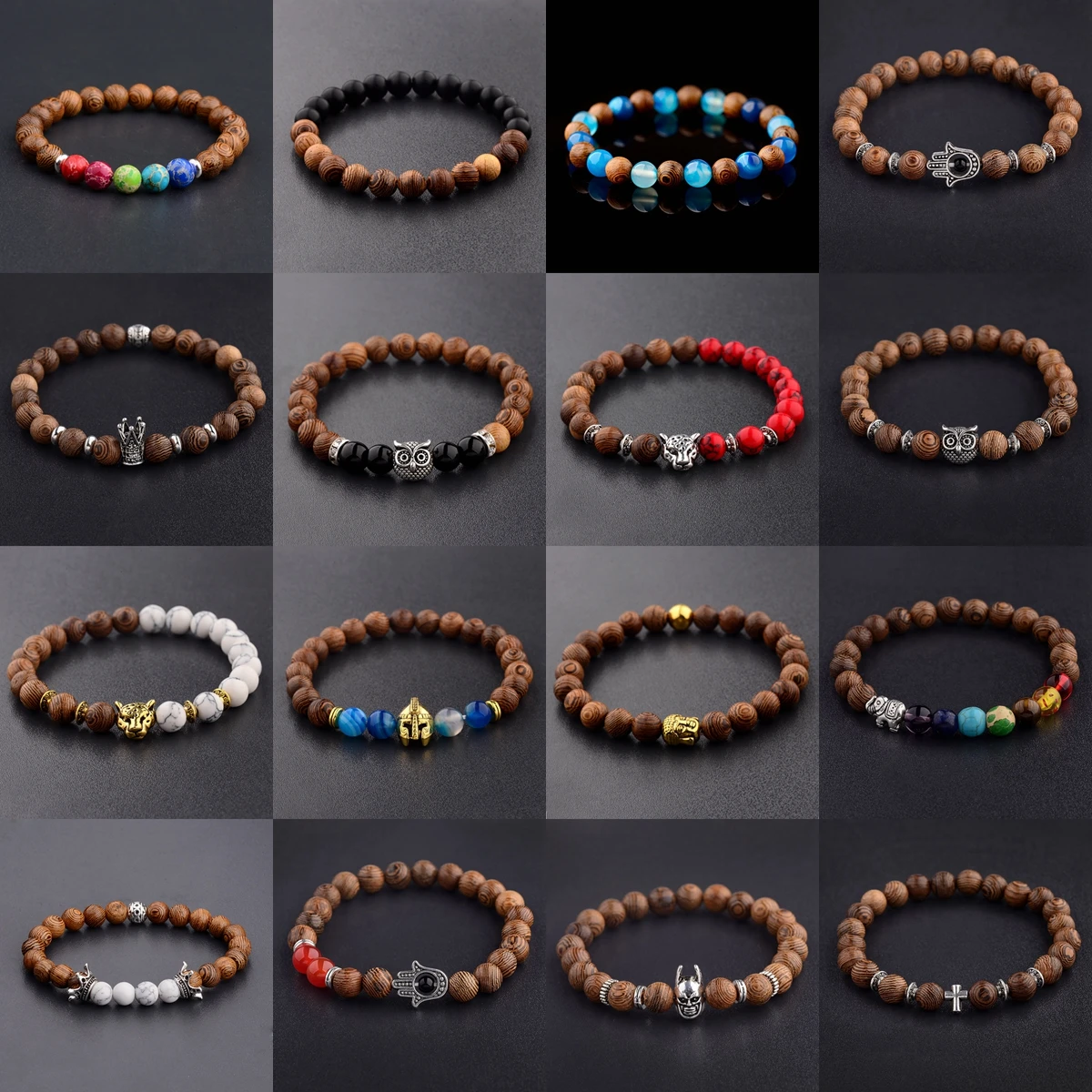 12 PCS/lot Men Bracelet Wooden Beads Cross Balance Bracelets&Bangles Owl Crown Prayer Reiki Buddha Wholesale Dropshipping