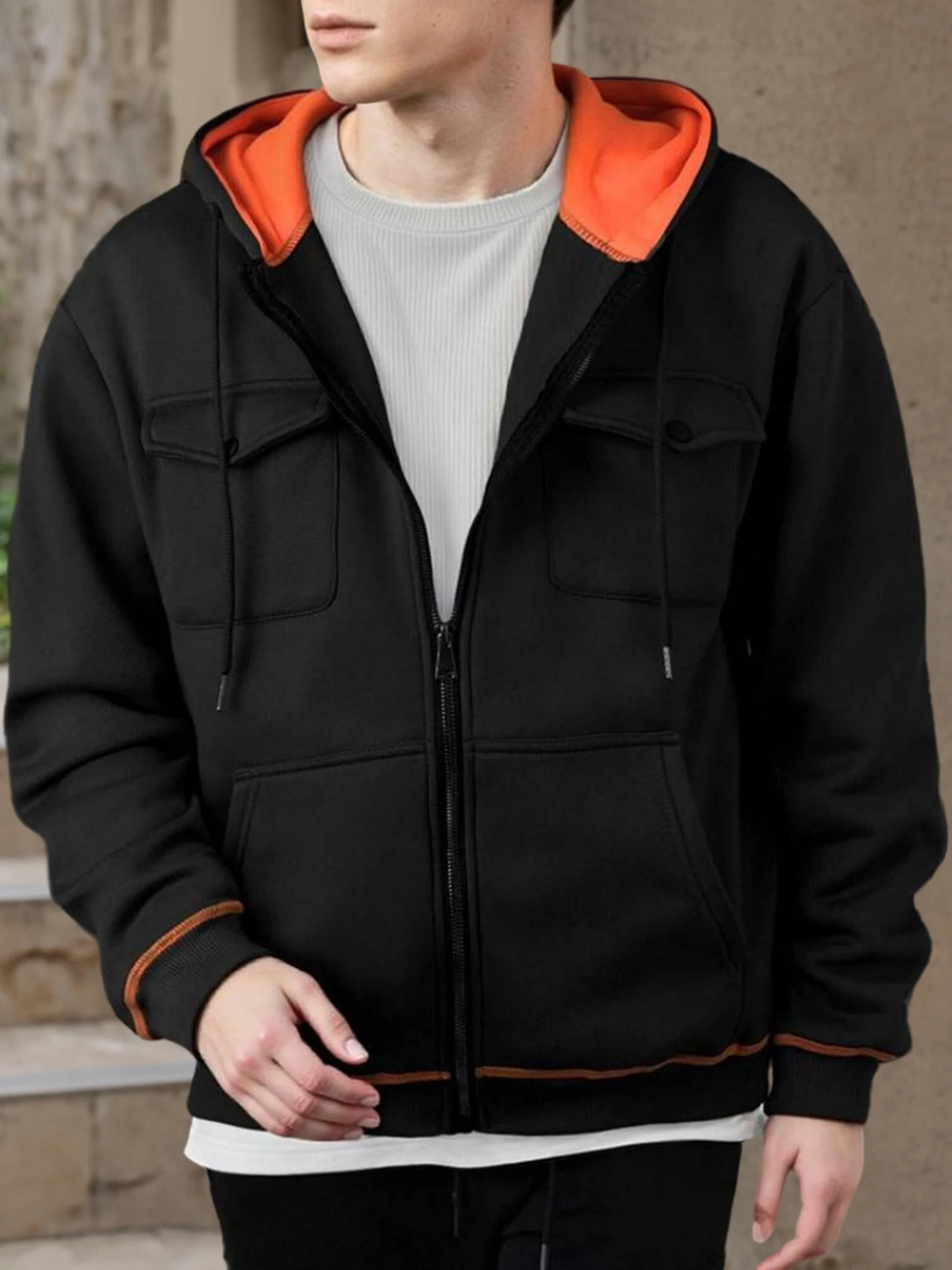 معطف منتفخ مبطن أنيق للرجال مع غطاء رأس قابل للإزالة وجيوب متعددة وسترة شتوية دافئة بسحاب كاجوال #3