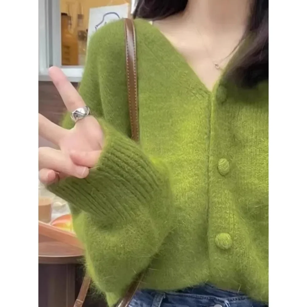 Spring and Autumn New Goose Yellow Knit cardigan Women  Dopamine Outer Wear Avocado Green Outerwear V-neck Top