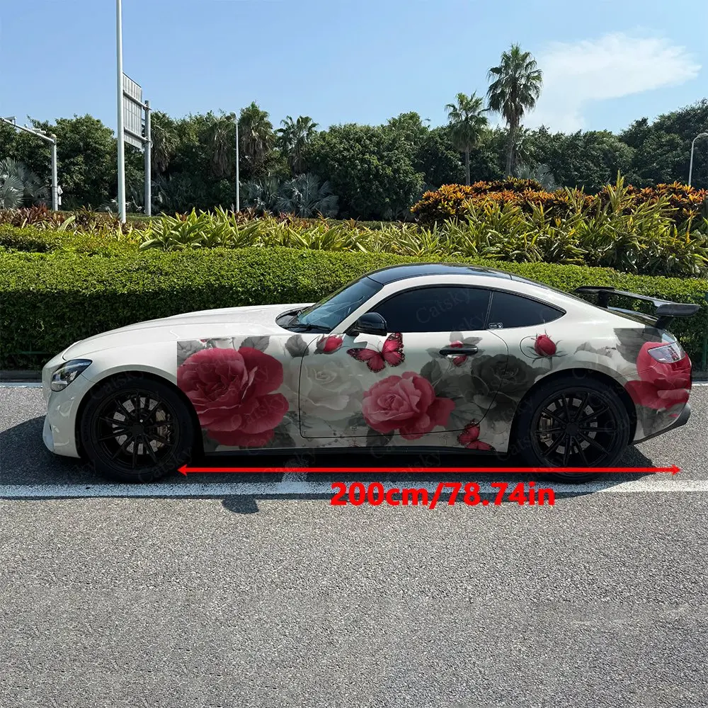 2pcs Roses And Dancing Butterflies Car Side Wraps, Self-Adhesive PVC Waterproof & Scratch-Resistant Stickers, Car Accessory Gift