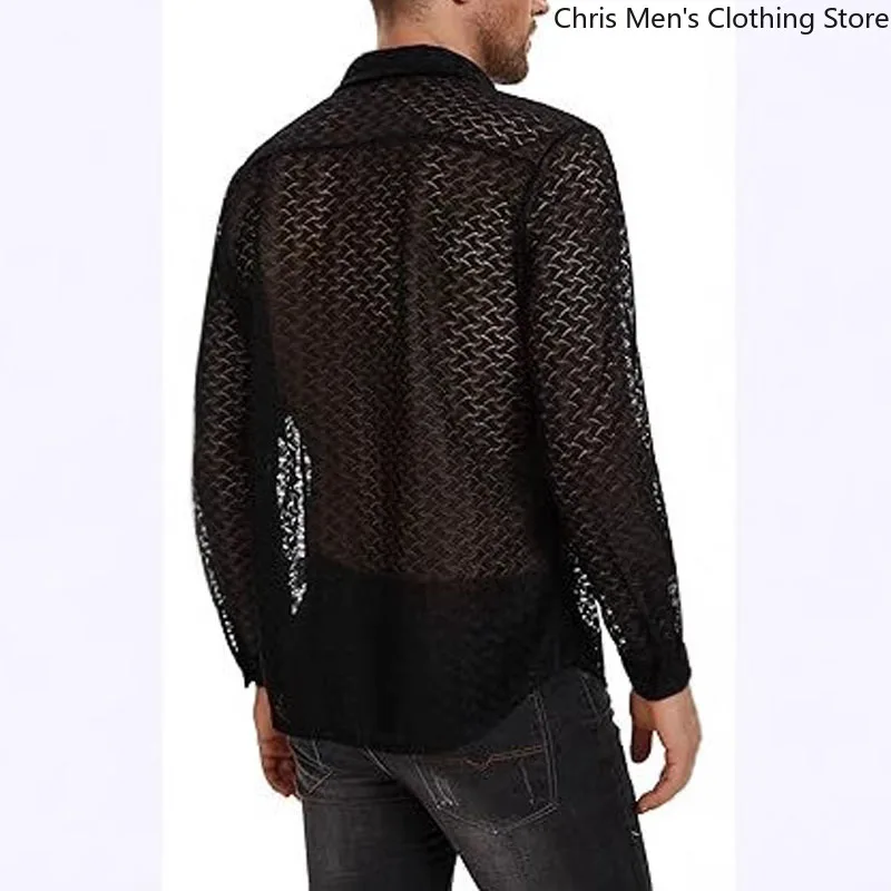 

[Spring/Summer New] The Trend of Hollow Mesh Nightclub Party Casual Mens Shirt Men's Sexy Lace Perspective Long-sleeved Shirt