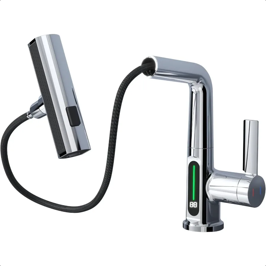 

Смесители для ванной комнаты с водопадом и выдвижным распылителем. Современный выдвижной смеситель для раковины в ванной комнате с цифровым дисплеем температуры по Фаренгейту.