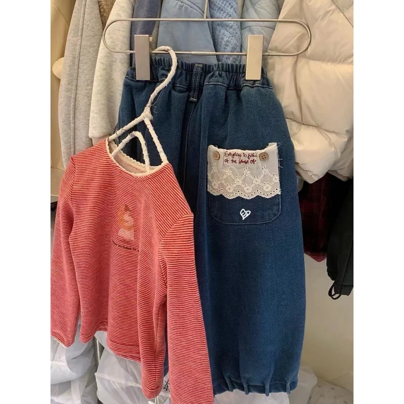 

Children's Set Autumn Winter New Girls Baby Fleece Striped Lace Knitted Thickened Jeans