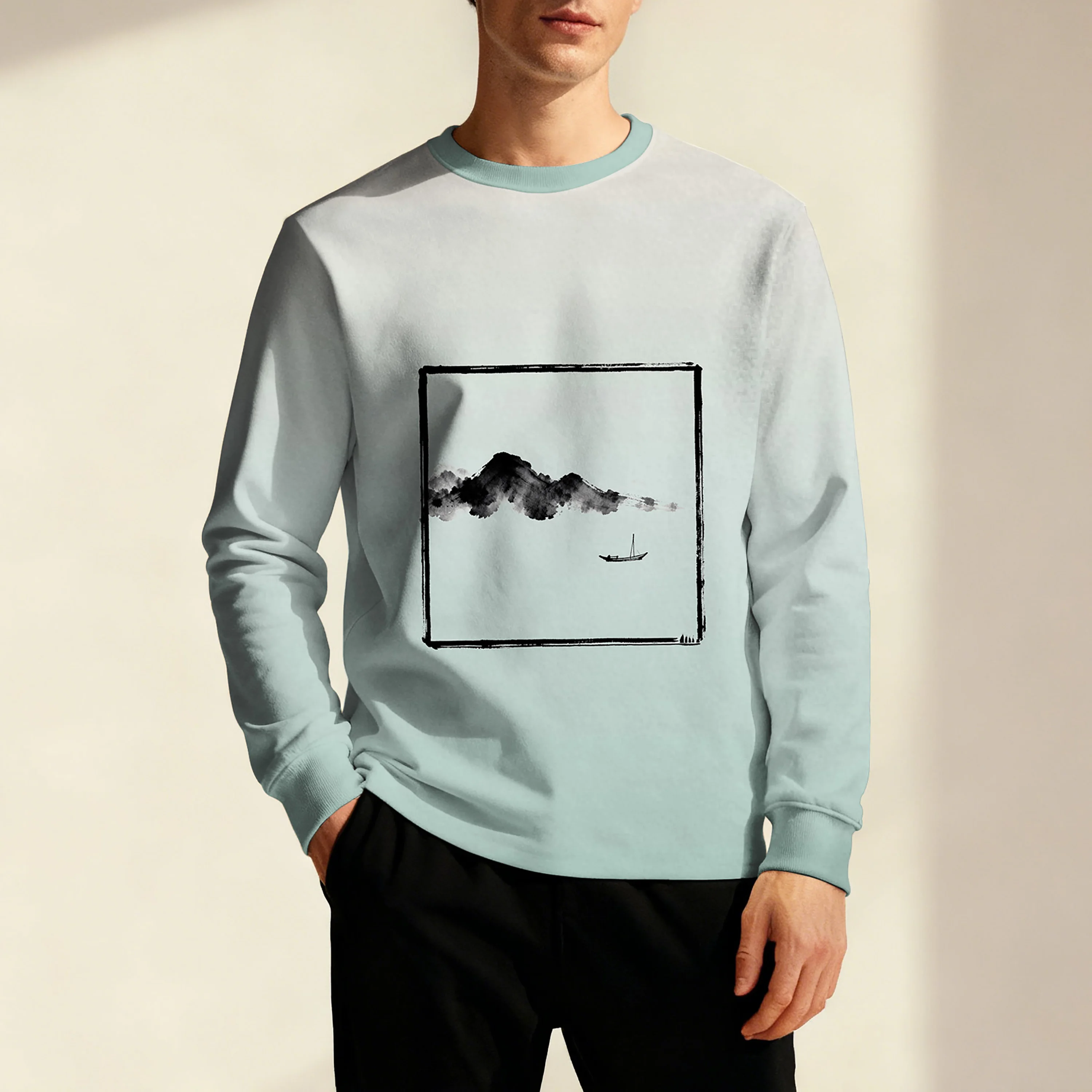 

Новая мужская толстовка с круглым вырезом, с ландшафтным искусством в китайском стиле, ретро, стильная, минималистичная и изысканная, идеально подходит для повседневного использования