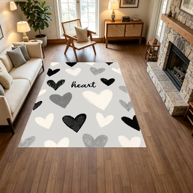 Grey Black White Hand‑Drawn Heart Seamless Pattern Carpet Flooring, Romantic Valentines Non‑Slip Area Rug for Bedroom Nursery Home Decor