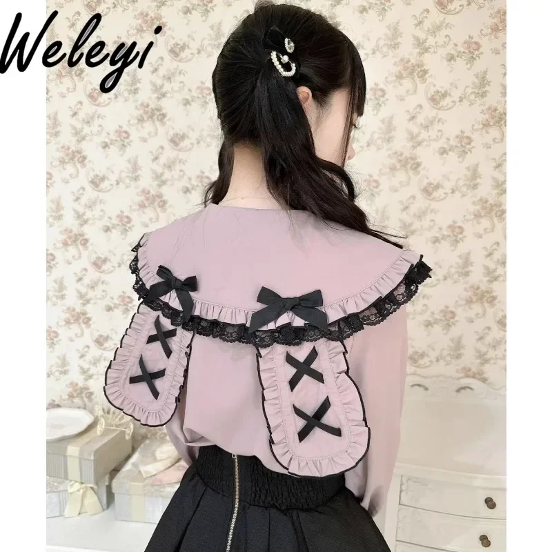 

Female Sweet Lolita Tops Autumn Fashion Versatile Ruffle Edge Love Shoulder Strap Bow Doll Collar Fungus Edge Long Sleeve Shirts