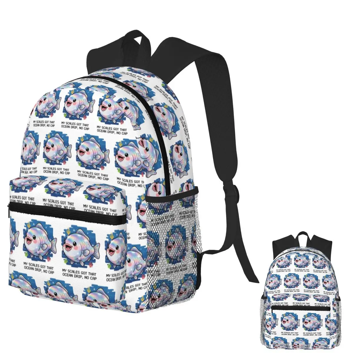 

Ocean Drip, No Cap Kawaii Holographic Fish Affirmation Digital Art Student Backpack School Bag Daypack Bookbag Shoulder Bags