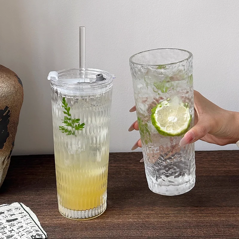 كوب عصير شفاف ذو مظهر عالي القيمة، كوب زجاجي جديد، كوب ماء للمكتب، مشروب ذو سعة كبيرة مع كوب من القش بغطاء ﻿