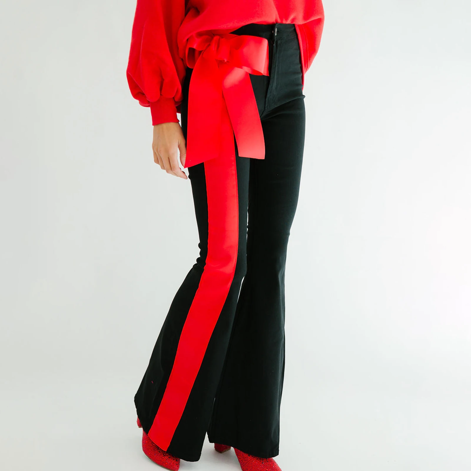 Christmas Patchwork Bow Appliques Women’s Flare Pants Mid Waist Bow Front Flare Pants Bell-Bottoms Trousers