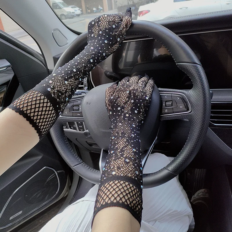 

Women Black Elastic Fish Mesh Bounce Sparkling Hot Diamond Glove Sexy Lace Fishing Net Nightclub Dance Performance Mitten