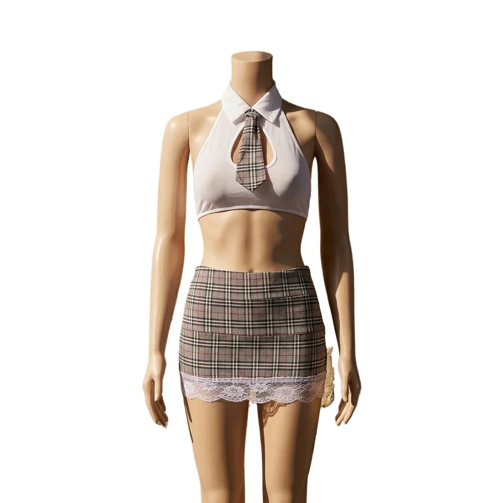 Women School Uniform Plaid Pleated Mini Crop Necktie Schoolgirs Uniform Nightclub Outfit Carnival Cosplay Costume