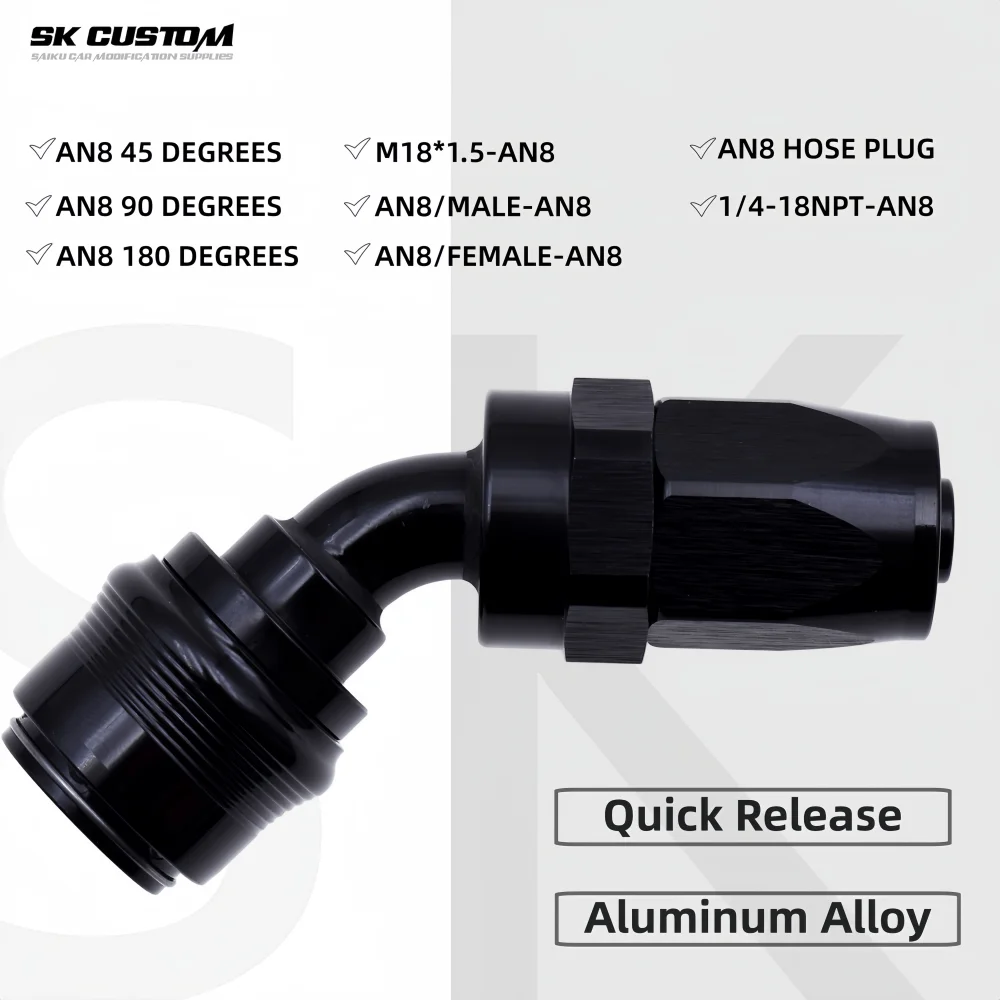 Raccord d'extrémité de tuyau pivotant en aluminium AN8, droit, 45 et 90 degrés, à dégagement rapide, connecteur de conduite d'huile et de carburant, adaptateur universel pour course automobile