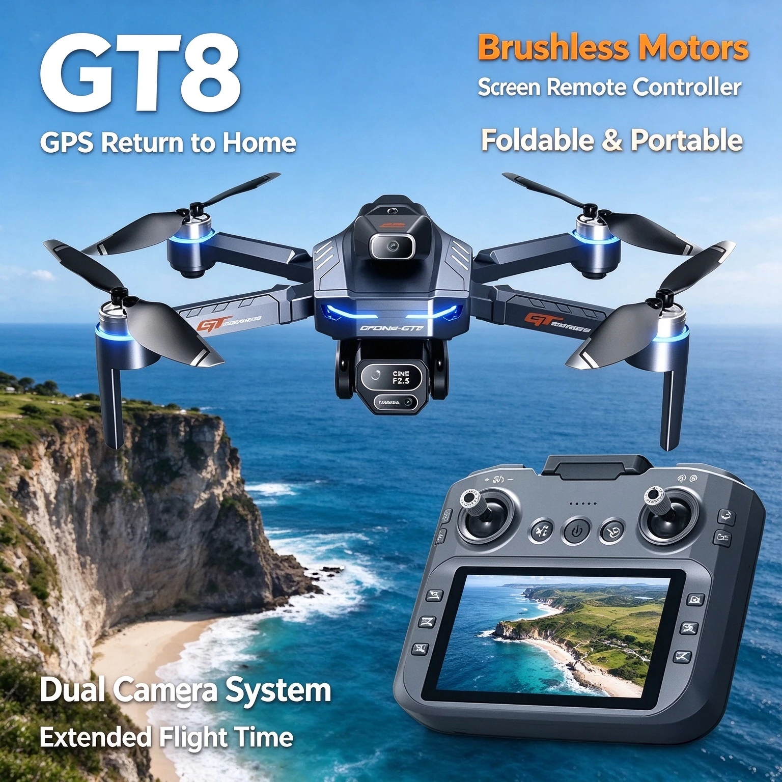 GT8 GPS Drone Professional Dual Camera 8K FPV Brushless Motor Optical Flow Hovering Folding Quadcopter 4K RC Toy