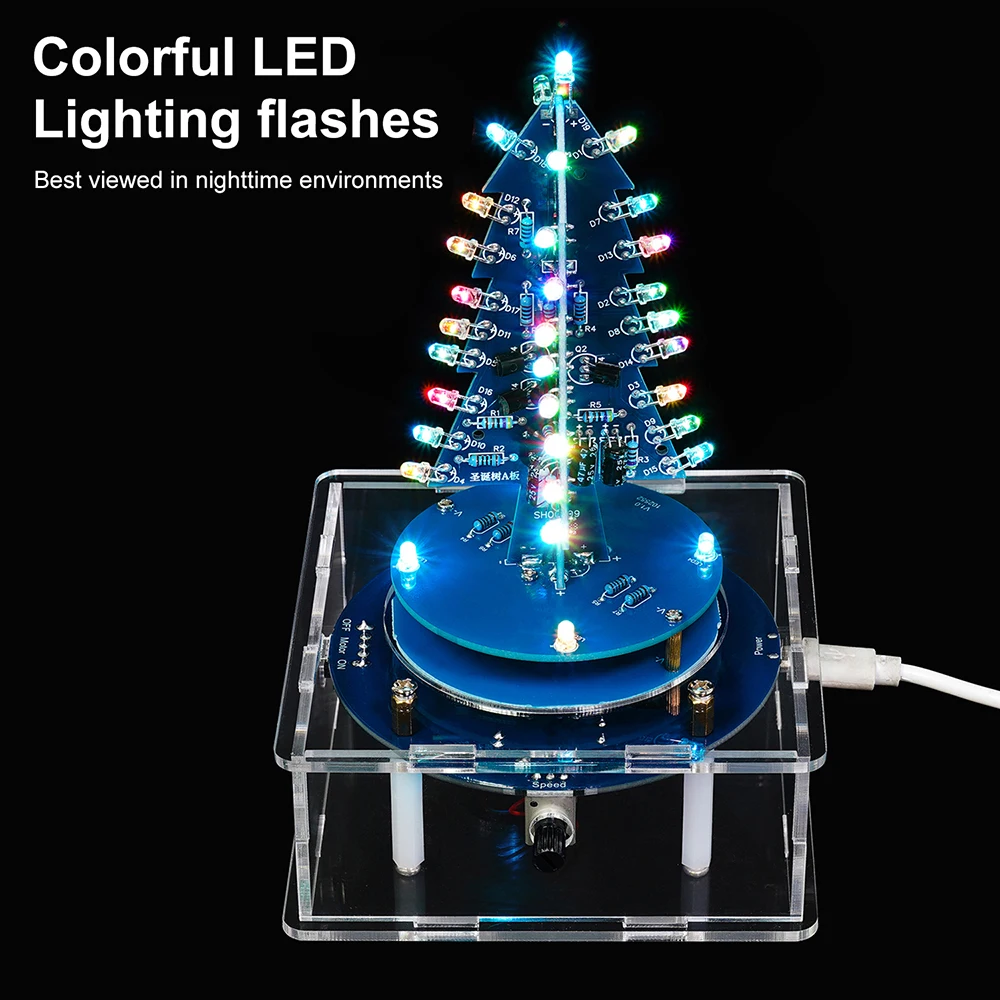 DC 5V Xmas Tree DIY Kits Colorful LED Flow Light 3D Color Christmas Tree DIY Electronic Kit Rotating Music Box Welding Practice