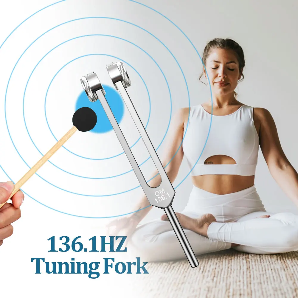 136.1Hz Tuning Fork with Fixed Weights Aluminum Alloy For Sound Healing Meditation with Carrying Bag Mallet & Cleanning Cloth