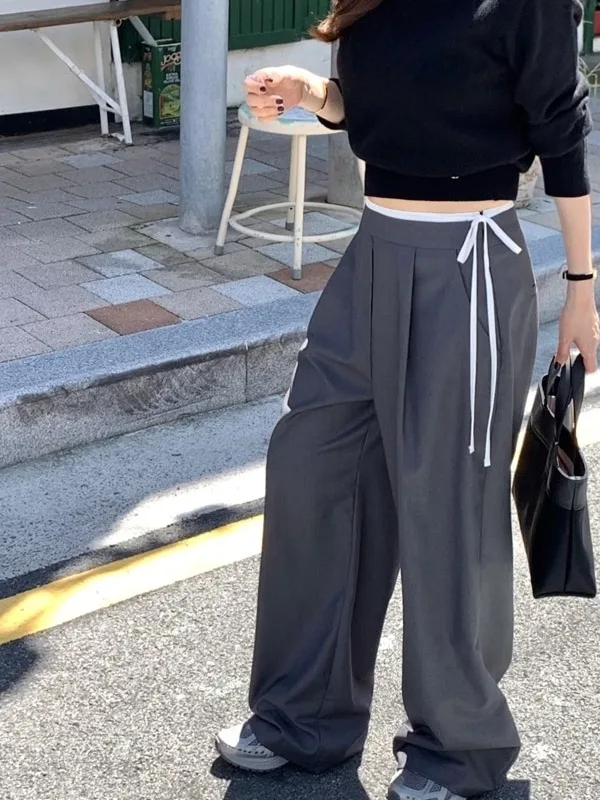 

High Waist Wide Leg Casual Pants Women's Side Zipper Splicing Pants Lengthening Leg Effect ay High End Feeling Trousers