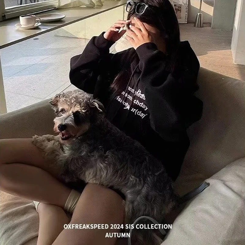 2025年秋 ハイストリート レタープリント コットン パーカー メンズ カジュアル Y2K ヴィンテージ フード付き スウェットシャツ ポケット プルオーバー パーカー