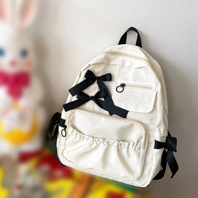 

Back to School Backpack Cute Bow Nylon Letter Embroidery School Bag Large Capacity with Dual Zippers Adjustable Straps Backpack