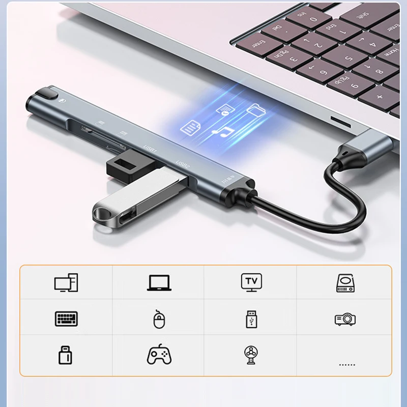 محور 5 في 1 مع 3.5 ملم من النوع C إلى USB HUB شاحن تمديد محول صندوق محول مع قارئ بطاقات TF Micro SD مقسم USB #2